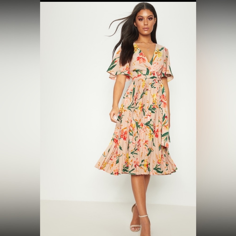 Pink Pleated Floral Midi Dress
